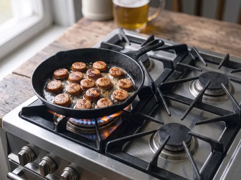 キャベツとソーセージの炒め:コンロの鋳鉄フライパンで焼き色をつける薫製ソーセージ