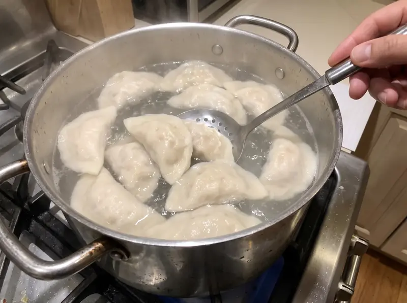 Jiaozi di maiale e cavolo che galleggiano nell'acqua bollente in una pentola d'acciaio, tirati su con una schiumarola