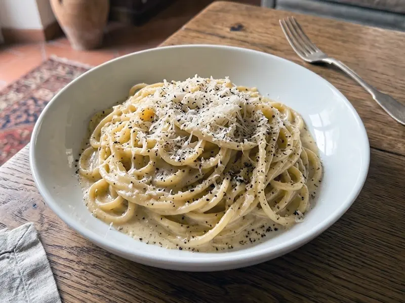 Cacio e Pepe with spaghetti, Pecorino Romano and black peppercorns — Italy recipe