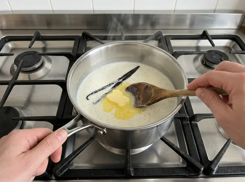 Milk for canelés in a saucepan with a split vanilla pod and butter melting on top, stirred with a wooden spoon