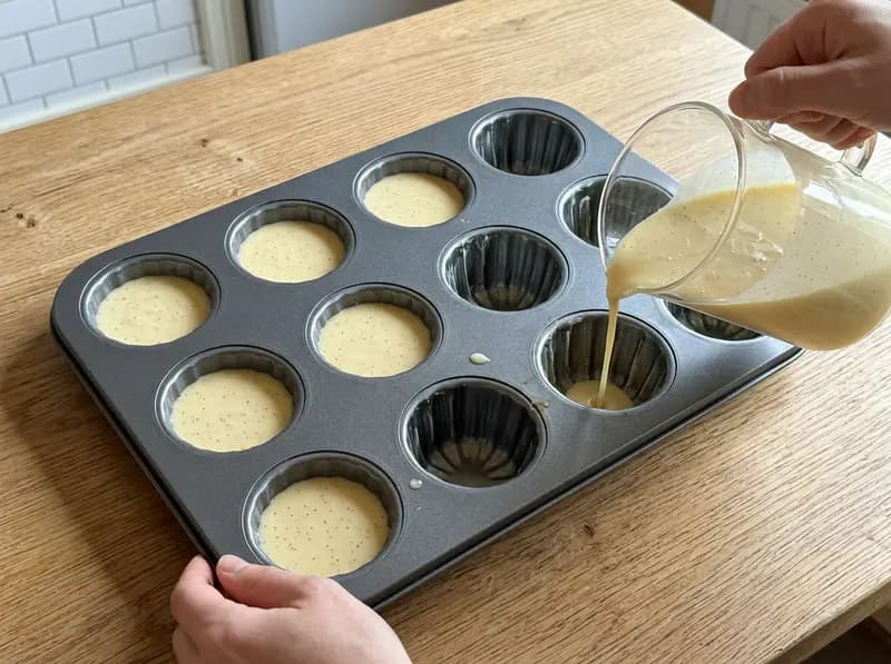 Canelé batter flecked with vanilla poured from a glass jug into a buttered nonstick 12-cavity canelé tray, seven filled