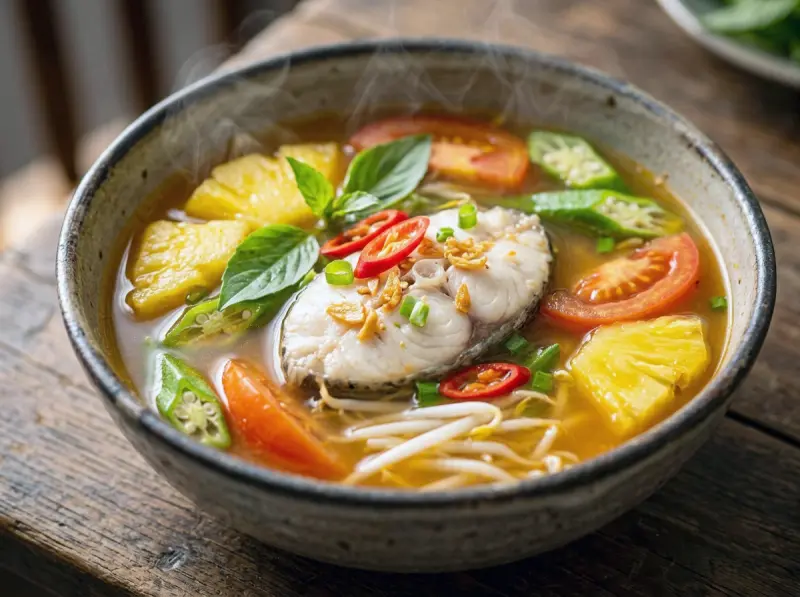 Canh Chua (Vietnamese Sour Soup) with catfish steaks or firm white fish, tamarind concentrate and pineapple — Vietnam recipe