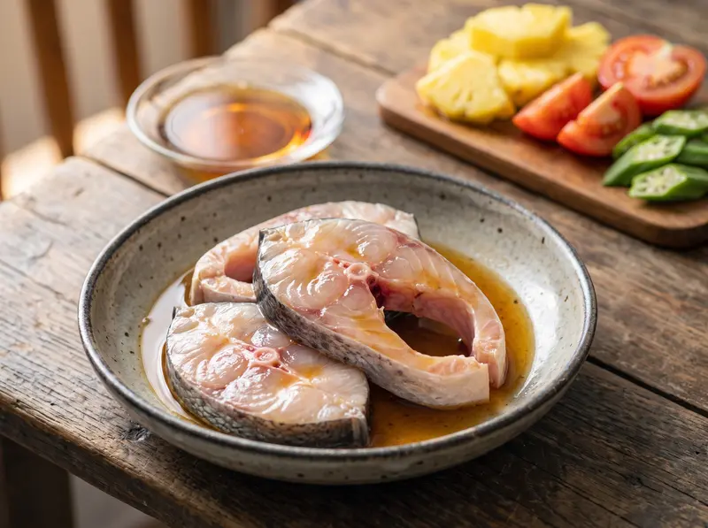 Canh chua: tranci di pesce gatto marinati nella salsa di pesce, dietro ananas, pomodoro e okra