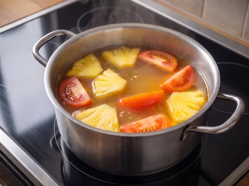 Canh chua: brodo al tamarindo con ananas e spicchi di pomodoro che sobbolle in pentola sul fornello