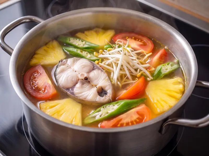 Canh Chua: trancio di pesce, okra e germogli di soia nel brodo acido di tamarindo con ananas e pomodoro, pentola sul fornello