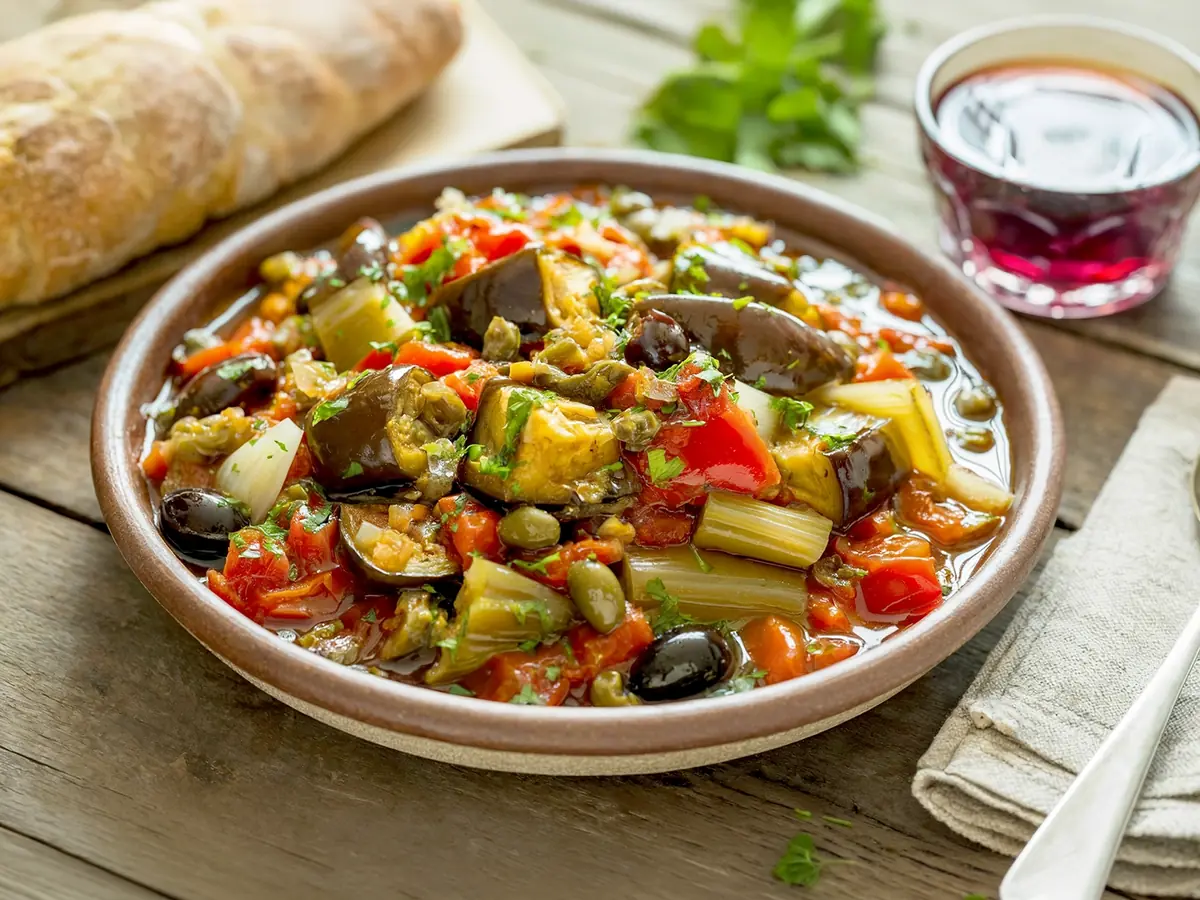 Caponata with bay leaf, bell pepper and caper — Italy recipe