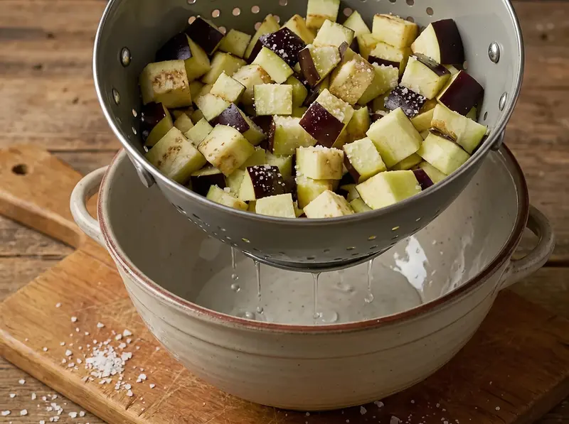 Salted eggplant cubes draining in a colander before making caponata