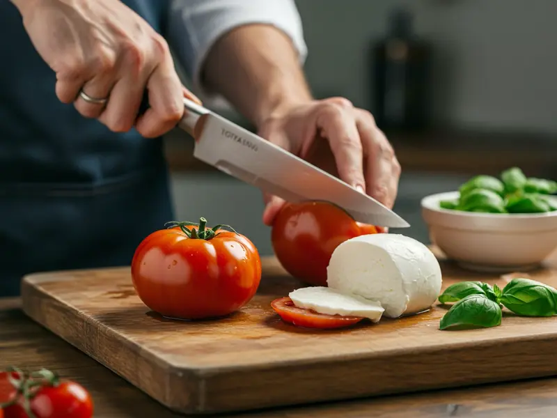 Ripe tomatoes and mozzarella sliced into even 5-6 mm rounds for caprese