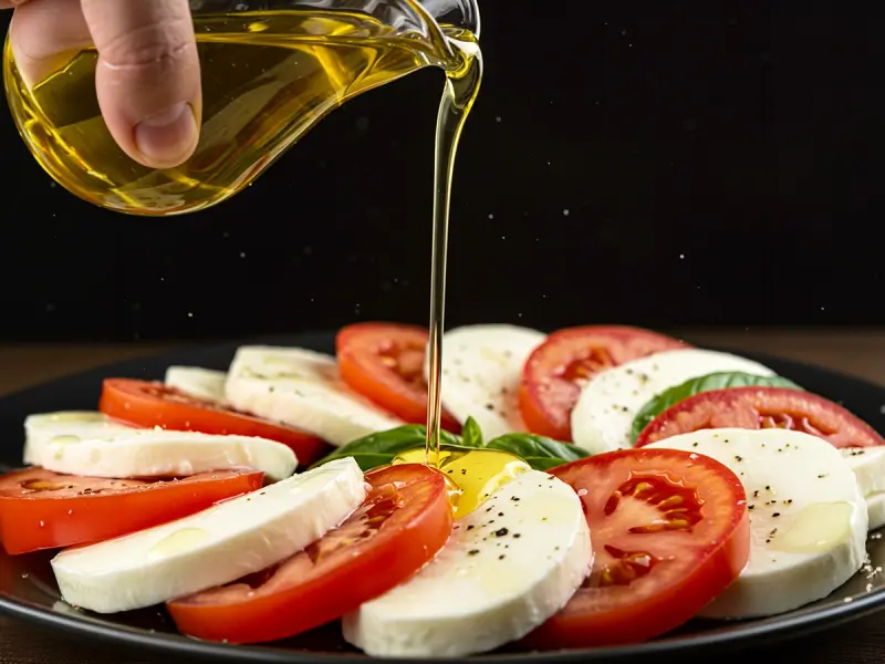 Tomato and mozzarella slices fanned in an overlapping circle on a caprese platter