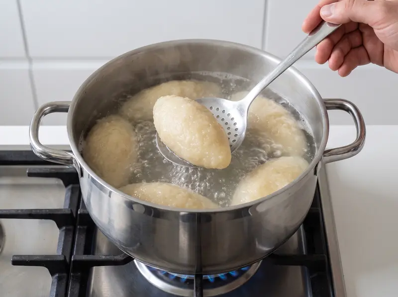 Lifting a cooked cepelinai dumpling from a pot of simmering water with a slotted spoon