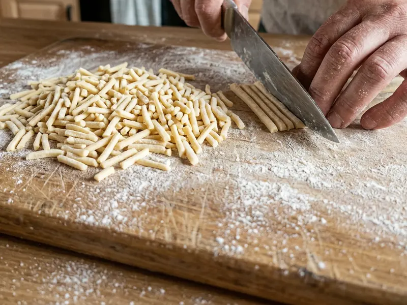 Knife cutting thin egg dough strips into short sticks on a floured board for Tatar chak-chak