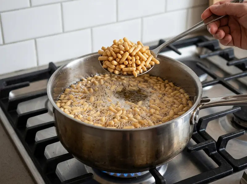 Slotted spoon lifting small golden fried dough pieces from hot oil for Tatar chak-chak