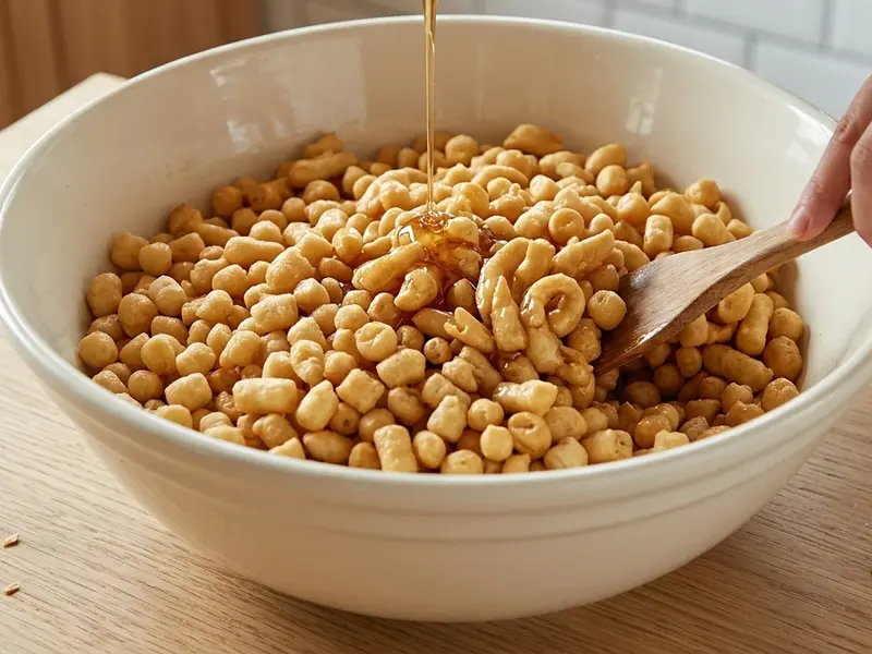 Hot honey syrup poured over small fried dough pieces in a bowl and folded in for chak-chak