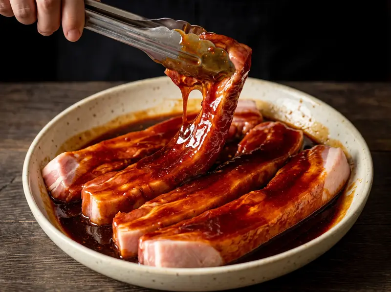 Strips of raw pork turning in glossy dark red char siu marinade in a ceramic dish, tongs lifting one
