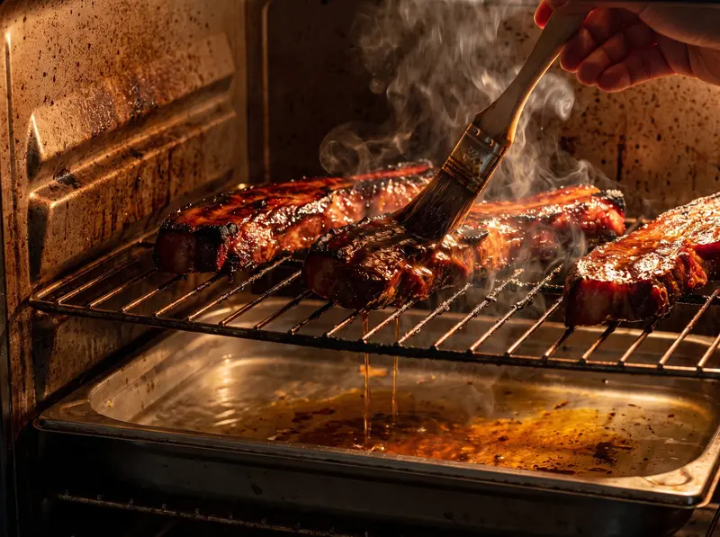 Char siu strips lacquered dark mahogany on the oven rack, a brush basting them over a tray of water