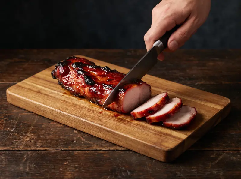 A knife slicing finished char siu across the grain on a wooden board, three glossy red slices fanned out