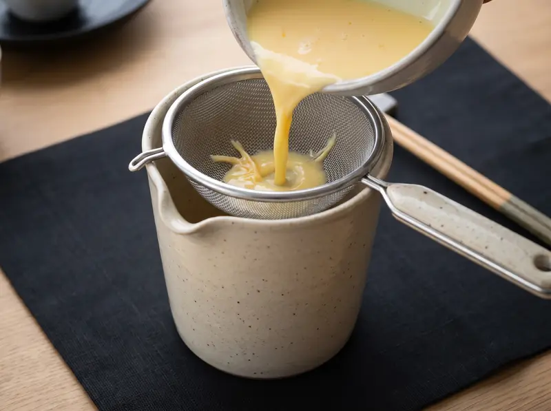 Chawanmushi egg and dashi mixture strained through a fine sieve into a ceramic pitcher
