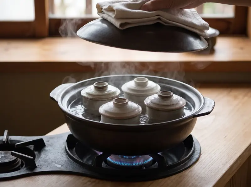 Lidded chawanmushi cups steaming in a covered pot on the burner, the cloth-wrapped lid lifted away