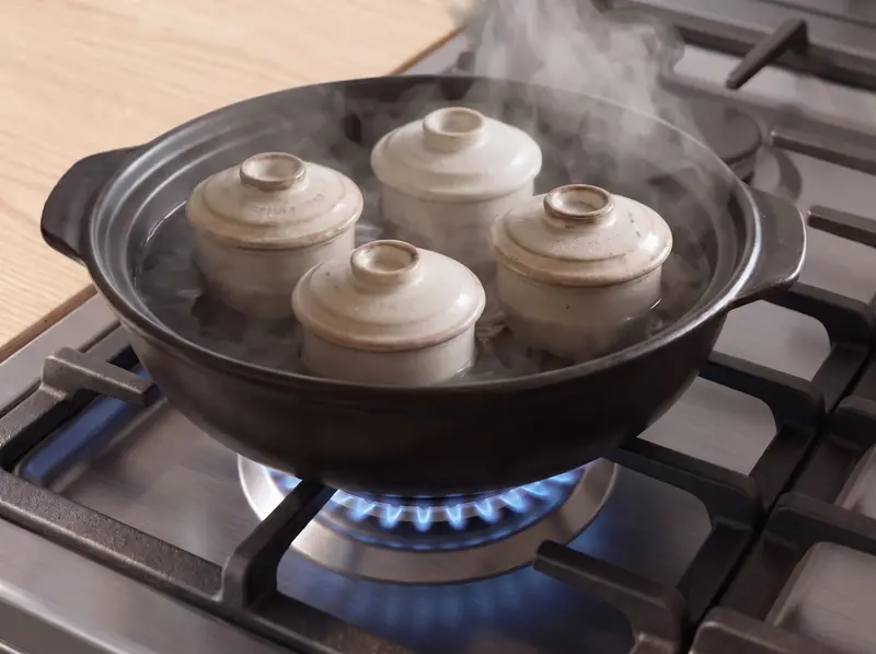 Chawanmushi-Tassen mit Deckel dämpfen in einem Tontopf mit heißem Wasser auf einer Gasflamme