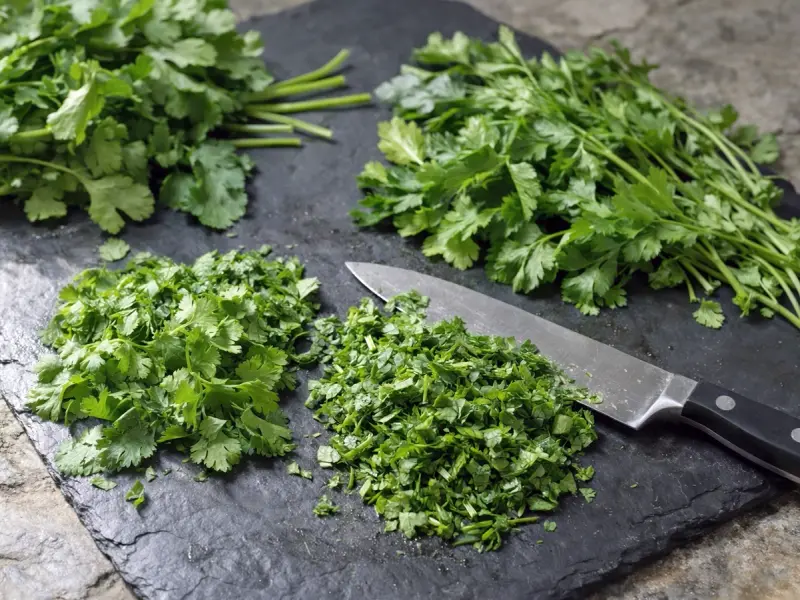 Washed cilantro and parsley for chermoula, thick stems trimmed off and roughly chopped