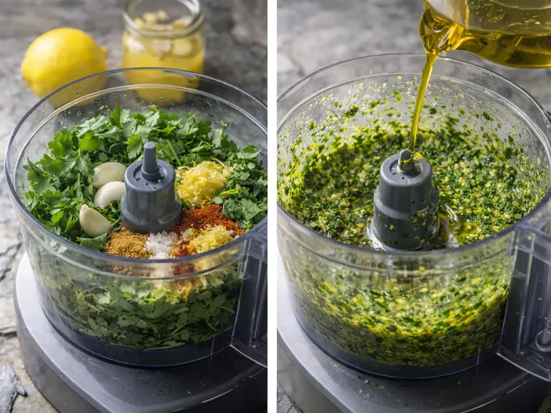 Chermoula blended in a food processor with olive oil poured in, still coarse and textured