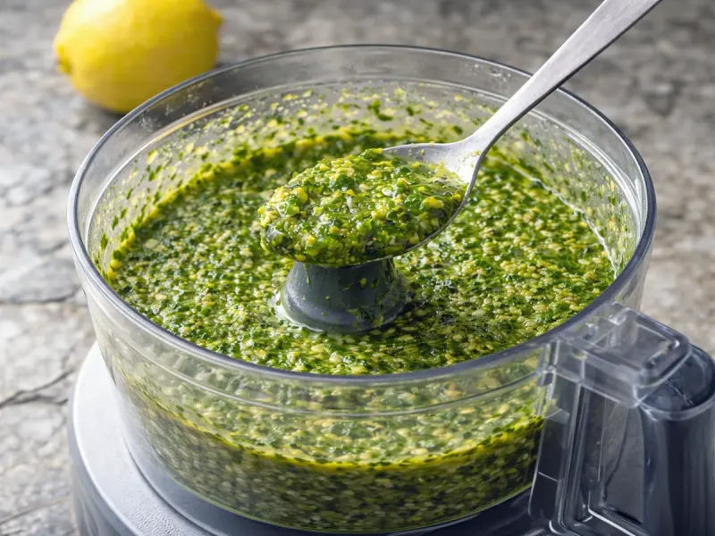 Chermoula in a bowl being tasted and adjusted with extra lemon juice and salt