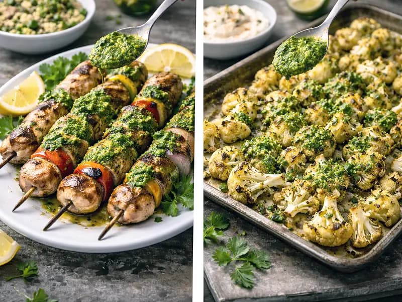Chermoula spooned over grilled fish, with a portion set aside as marinade