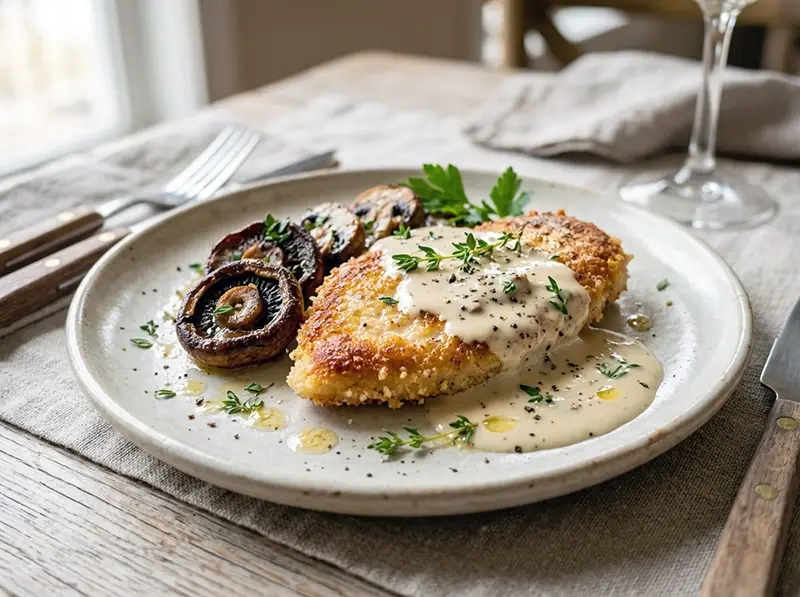 Chicken and Mushroom in Creamy Sauce with chicken breasts, mushrooms and heavy cream — France recipe
