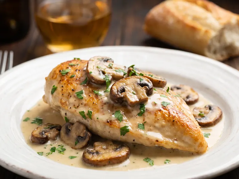 Pollo con funghi in salsa cremosa: petti di pollo, funghi, panna — Francia · ricetta