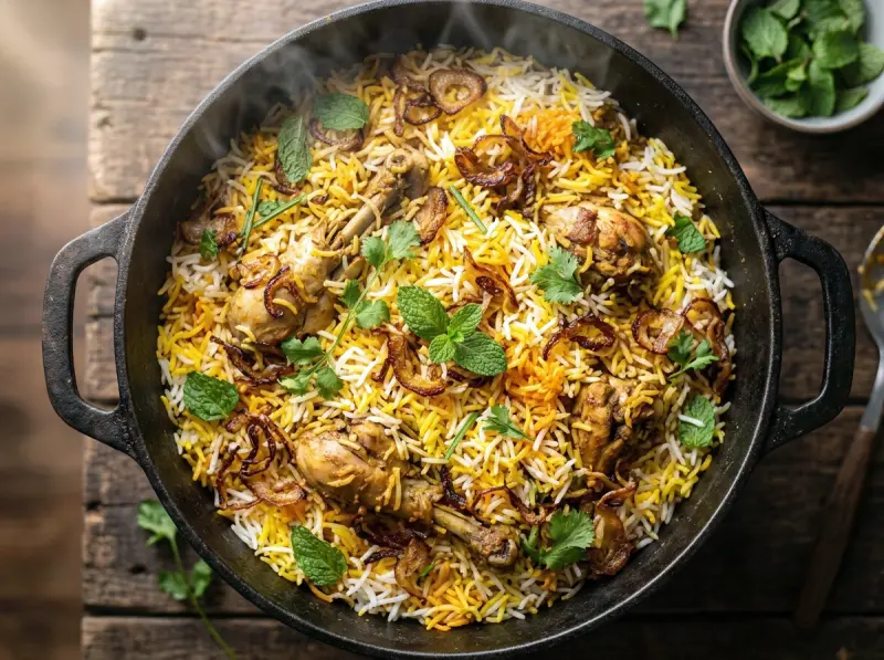 Chicken Biryani with basmati rice, chicken and saffron — India recipe