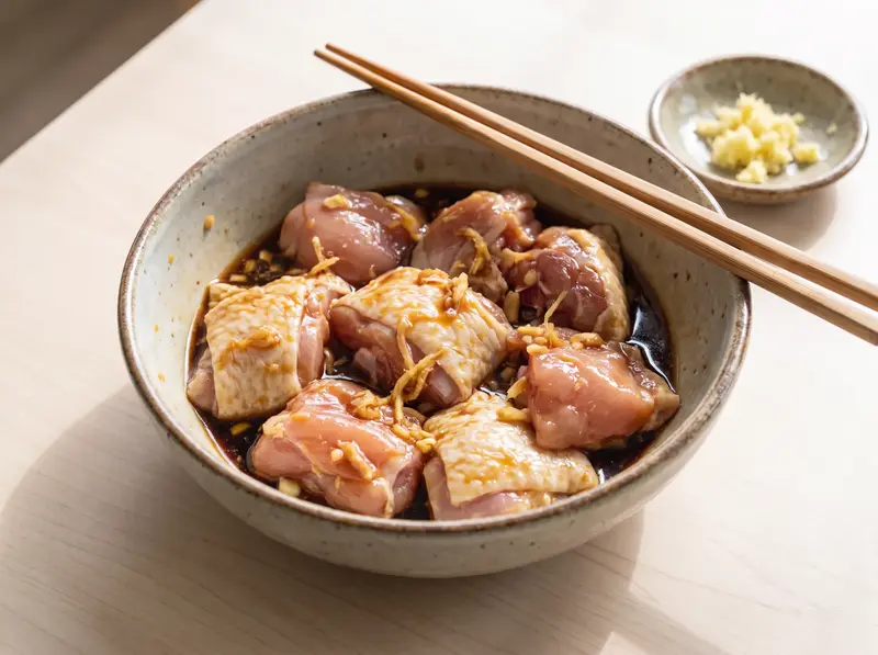 Karaage chicken pieces in a soy, ginger, garlic and sake marinade