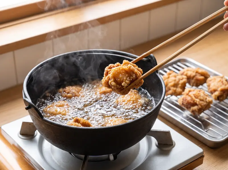 Karaage on its second fry in hotter oil, deep golden and shatteringly crisp