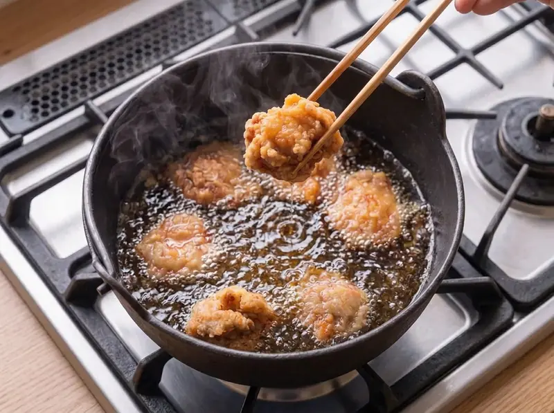 Karaage on its second fry in hotter oil, deep golden and shatteringly crisp