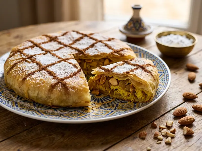 Chicken Pastilla (Moroccan Sweet-Savory Pie) with chicken thighs, phyllo and almonds — Morocco recipe