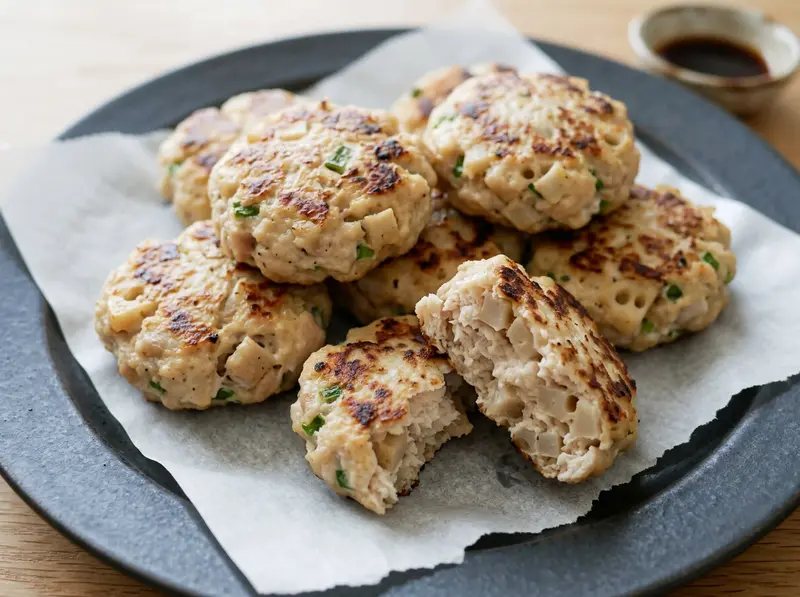 Chicken and Lotus Root Patties (Renkon Tsukune) with chicken breast, lotus root and potato starch — Japan recipe