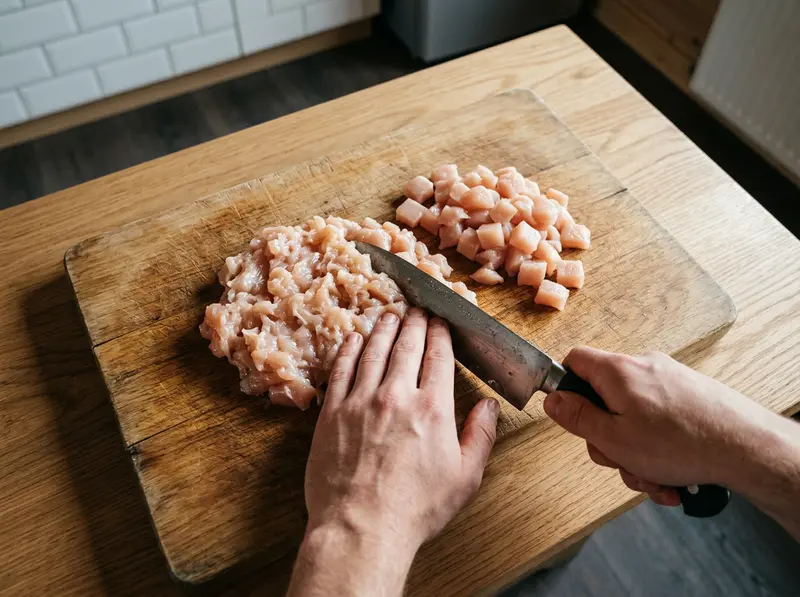 Raw chicken breast for renkon tsukune chopped with a knife on a board, half coarse mince and half 1 cm cubes