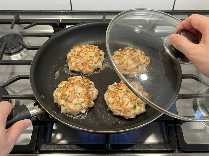 Four chicken and lotus root patties, golden side up in a frying pan, a hand lowering a glass lid over them
