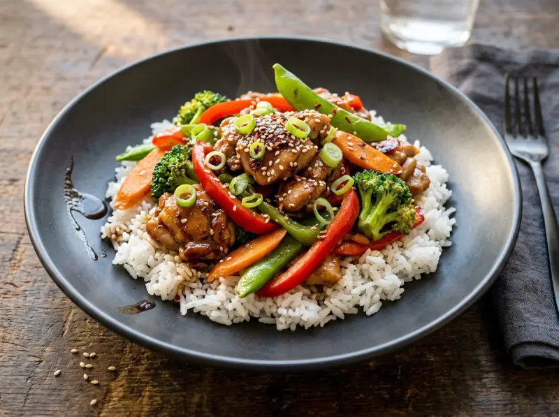 Chicken Stir-Fry with Vegetables with chicken, soy sauce and garlic — China recipe