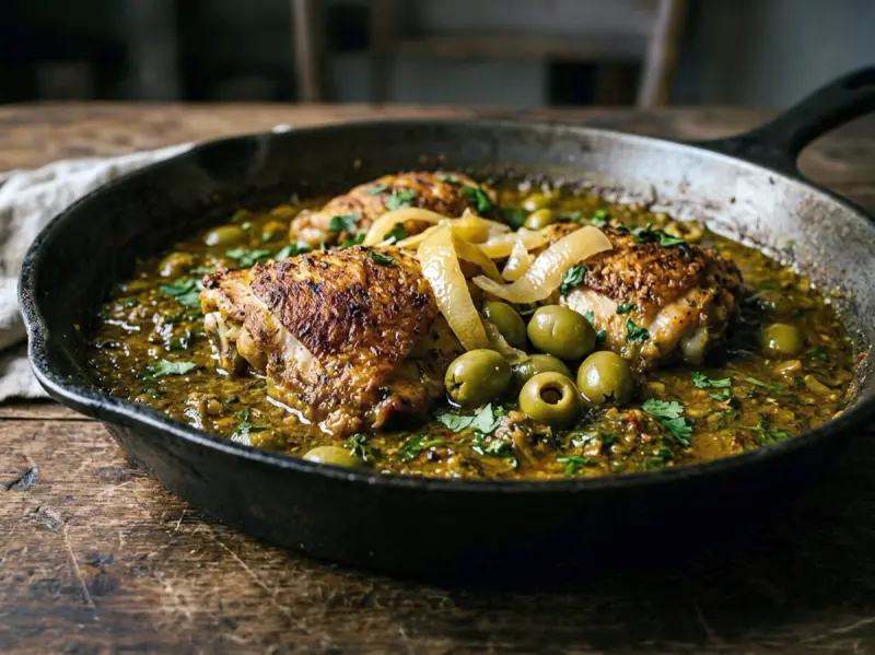 Chicken Tagine with Chermoula with chicken thighs, cilantro and preserved lemons — Morocco recipe