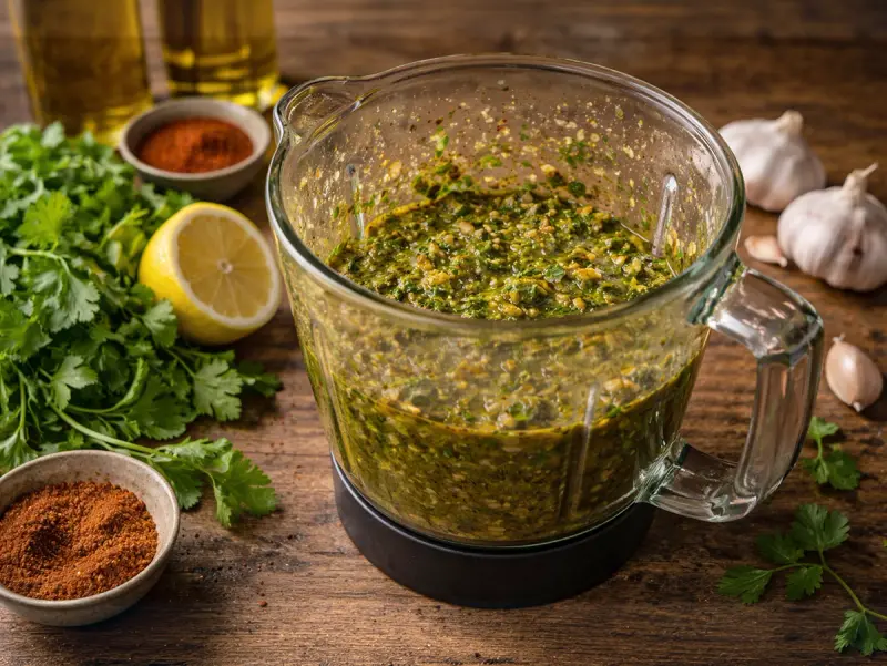 Chermoula paste blended from cilantro, parsley, garlic and spices for the tagine