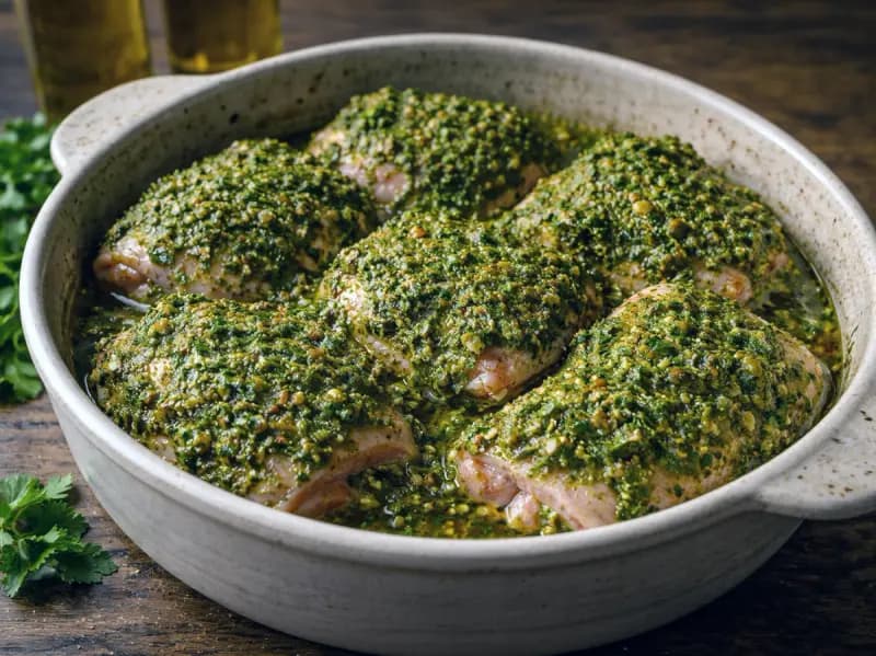 Chicken thighs coated in green chermoula marinade before resting in the fridge