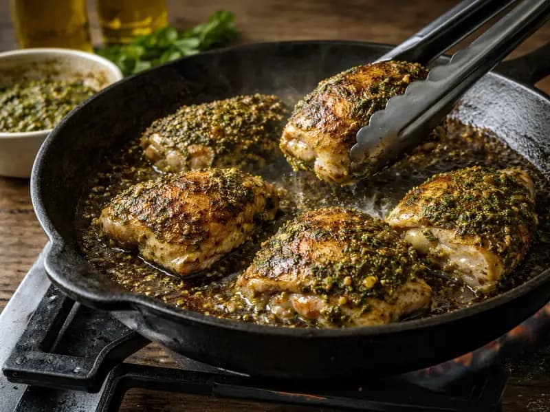 Marinated chicken thighs browning skin-side down to a deep gold in the pan