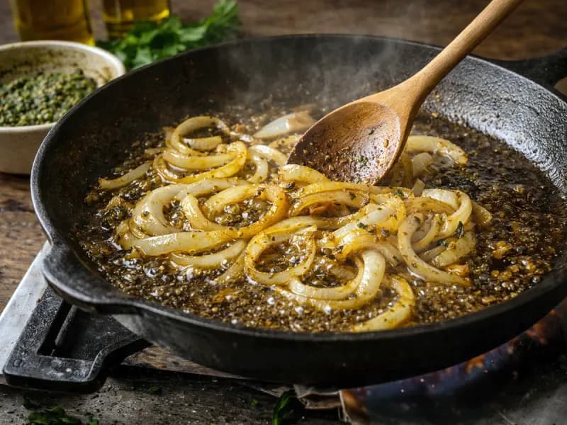 Sliced onions softening with turmeric and ground ginger in the tagine pan