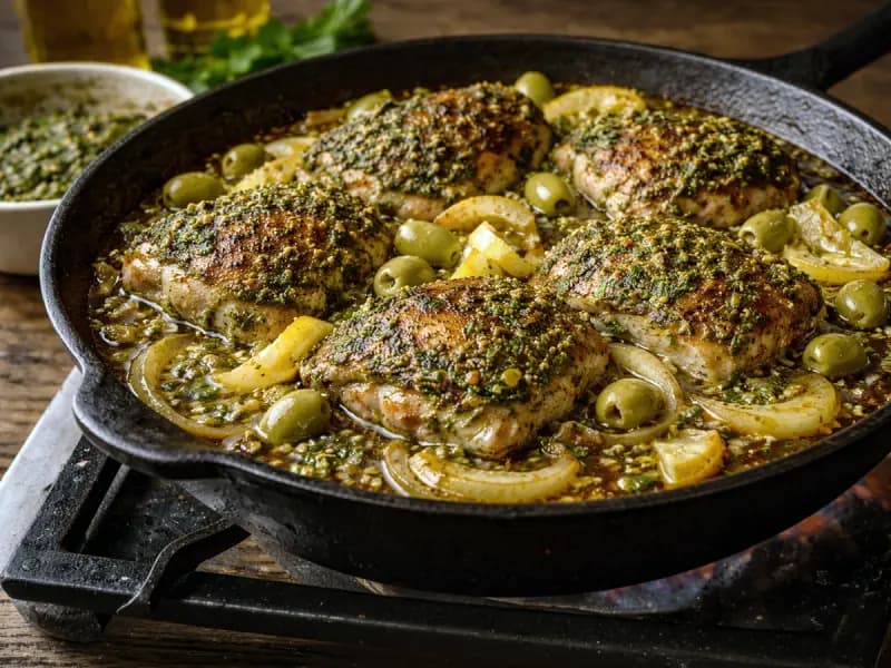 Chicken tagine assembled with olives, preserved lemon and stock before braising