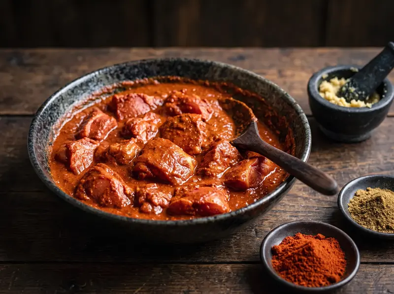 Bocconi di coscia di pollo nella marinata di yogurt rosso con peperoncino e zenzero