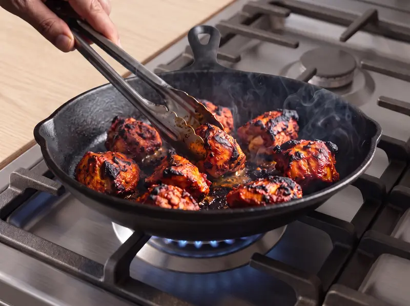 Bocconi di tikka marinati che si rosolano con bordi neri nella padella di ghisa fumante