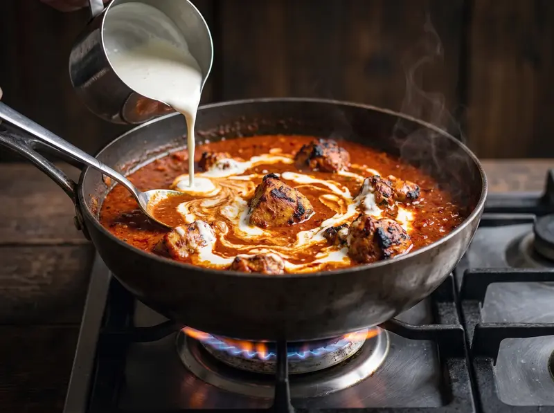 Panna incorporata nel sugo lucido del tikka masala con il pollo abbrustolito