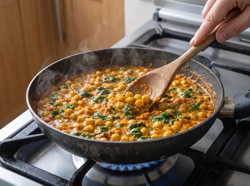 Curry di ceci e spinaci che sobbolle scoperto fino ad addensarsi