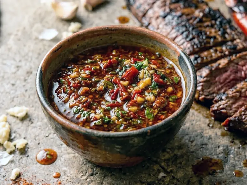 Chimichurri Rojo (Argentine Red Chimichurri) with roasted red bell pepper, fresh flat leaf parsley and smoked paprika — Argentina recipe