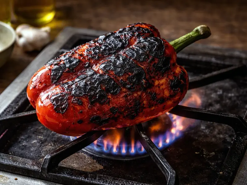 Red pepper charred over the flame and peeled for chimichurri rojo
